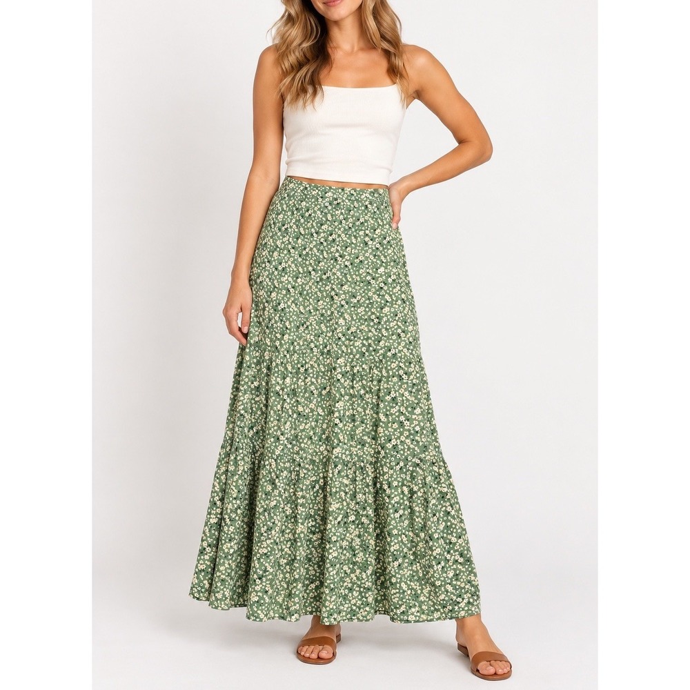 American Eagle Women's L Green Ditsy Floral Tiered Maxi Skirt Cottagecore Boho
